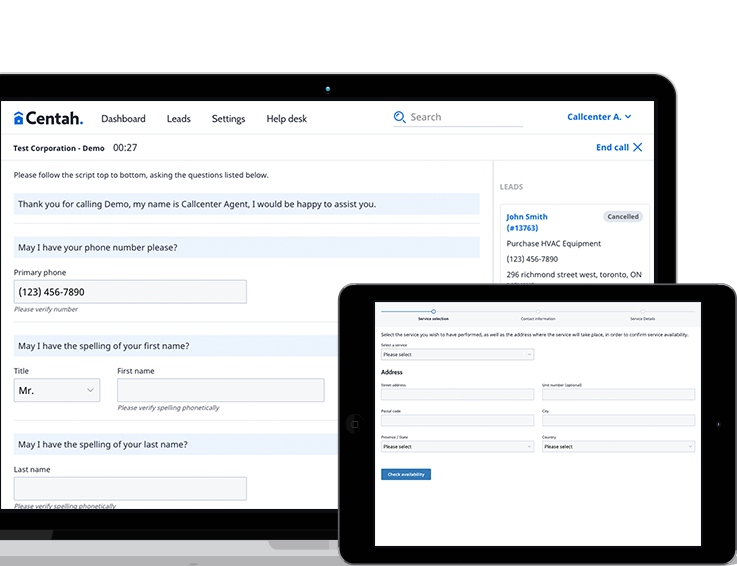 Photo of Laptop & Tablet running Centah Lead & Workflow Management Software Lead and Workflow Management platform, showing view across devices